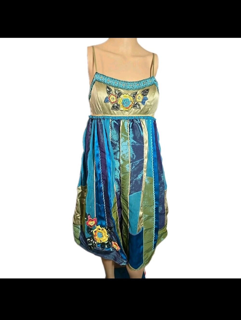 Sue Wong Teal Floral Embroidered 100% Silk Empire Dress Size 6